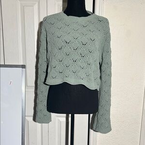 Blue Rain Sage Open-Knit Scallop Hem Crewneck Sweater